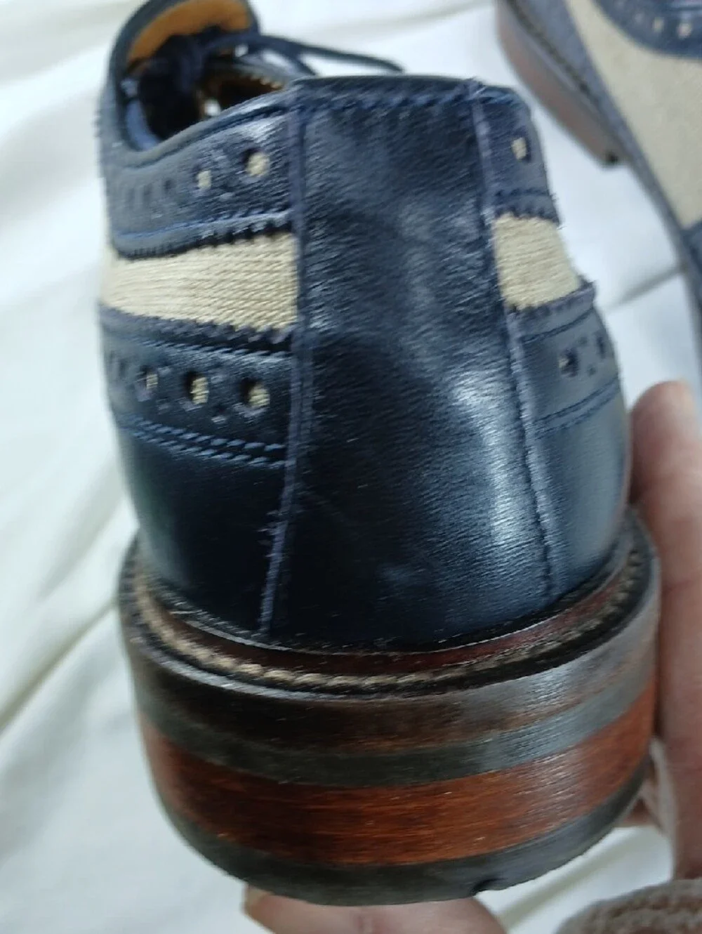Zara Navy Leather and Beige Canvas Wingtip Derbys